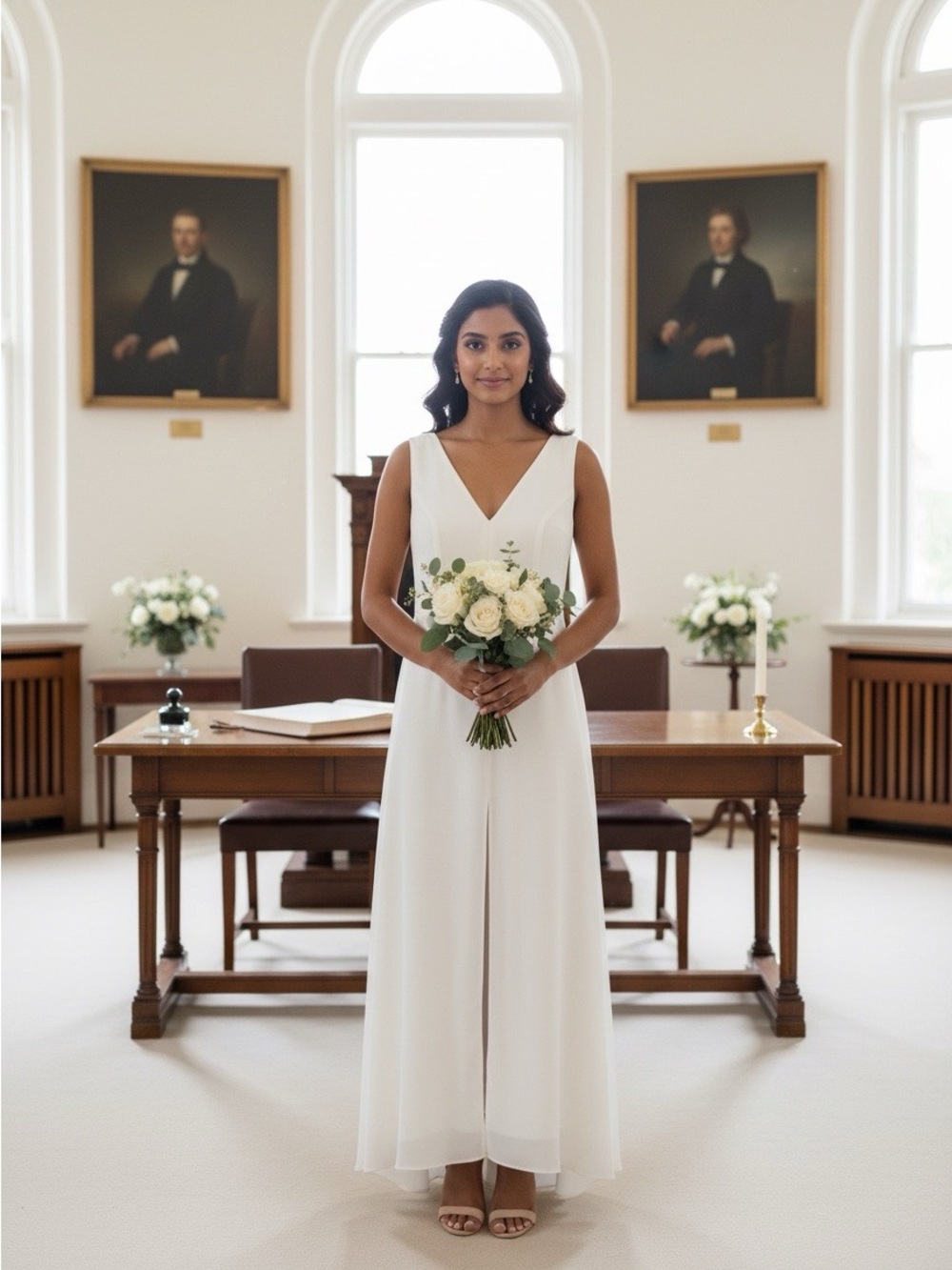 White House Black Market Ivory V-Neck Midi Dress